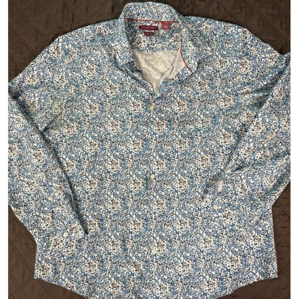 Axist by Perry Ellis‎ Mens XL Blue Print Stretch Long Sleeve Shirt Silk-Feel - Picture 2 of 9